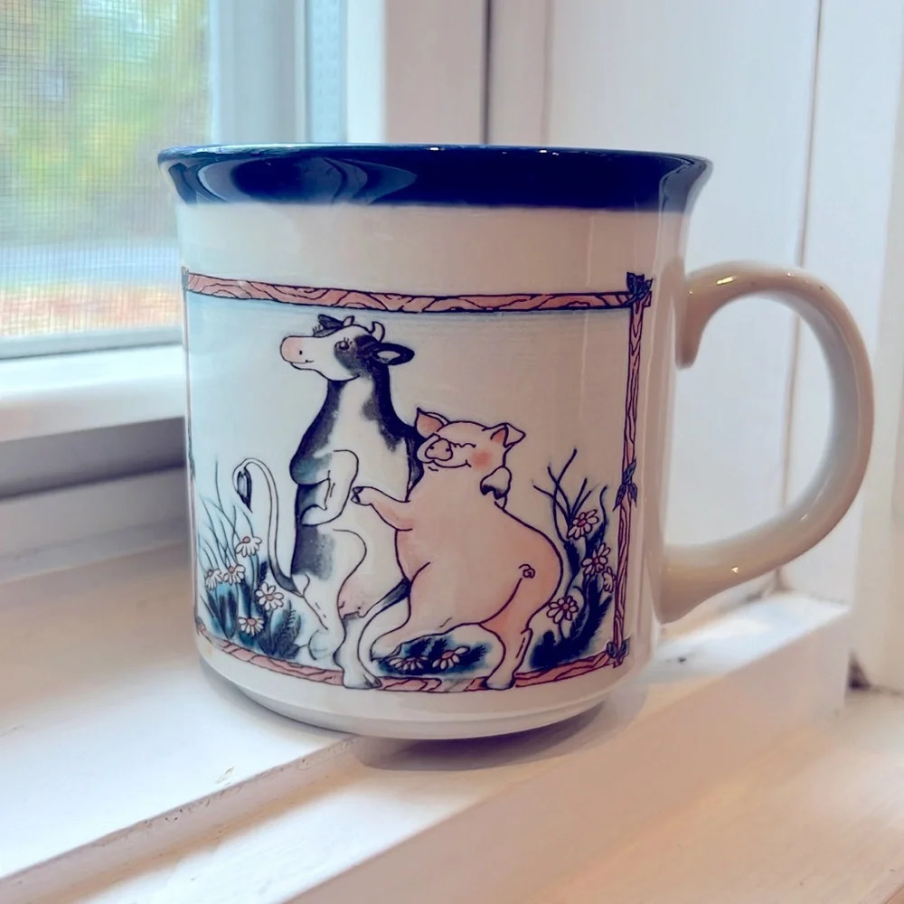 Otagiri Japan Hope Cartwright coffeee mug blue dancing cow‎ pig flower bouquet